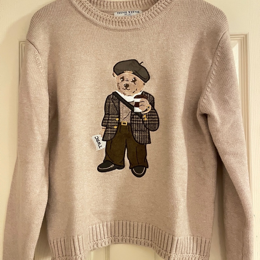 Teenie Weenie Beige Crewneck Sweater with Bear Design
